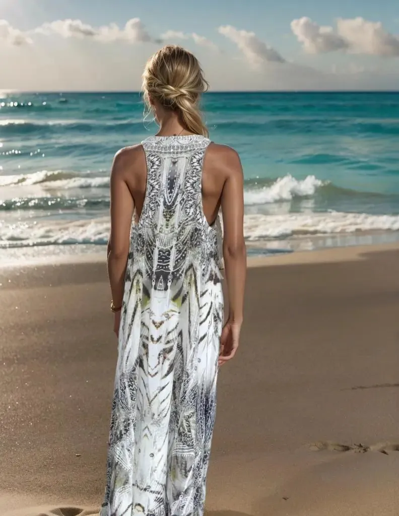 Long silkEmbellished racerback maxi dress Tahiti