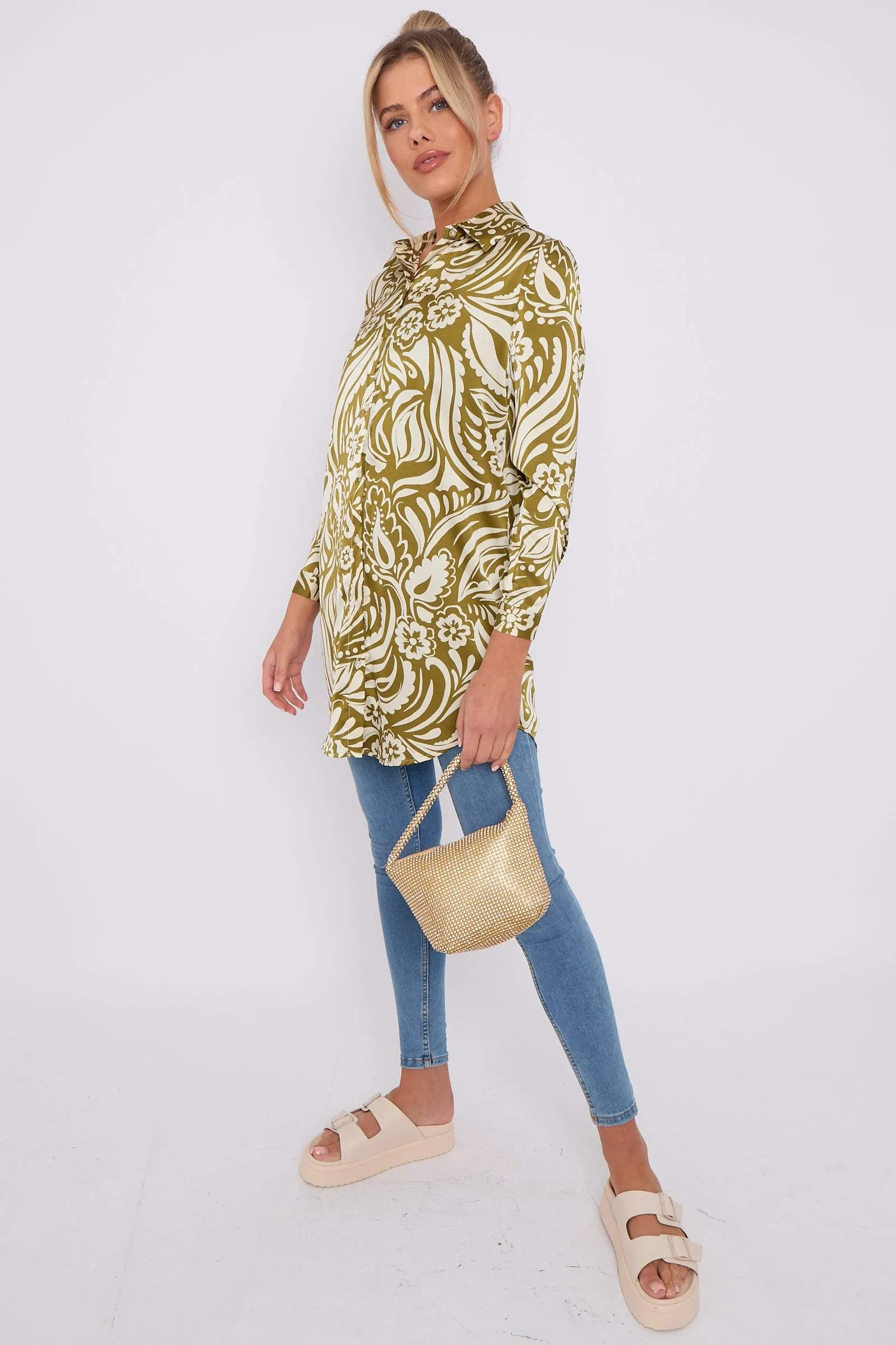 LOVE SUNSHINE Olive Green Paisley Print Satin Long Shirt