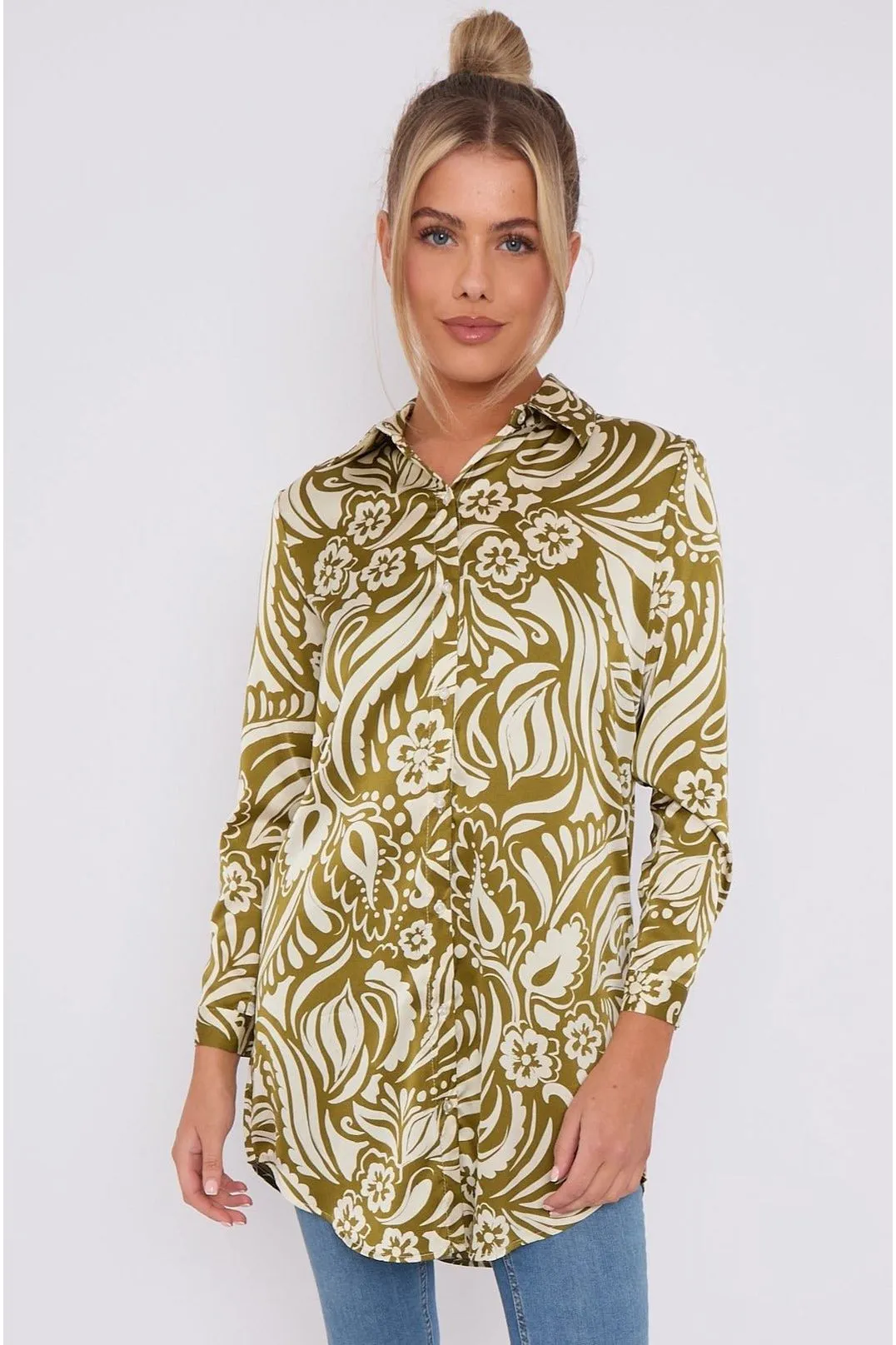 LOVE SUNSHINE Olive Green Paisley Print Satin Long Shirt