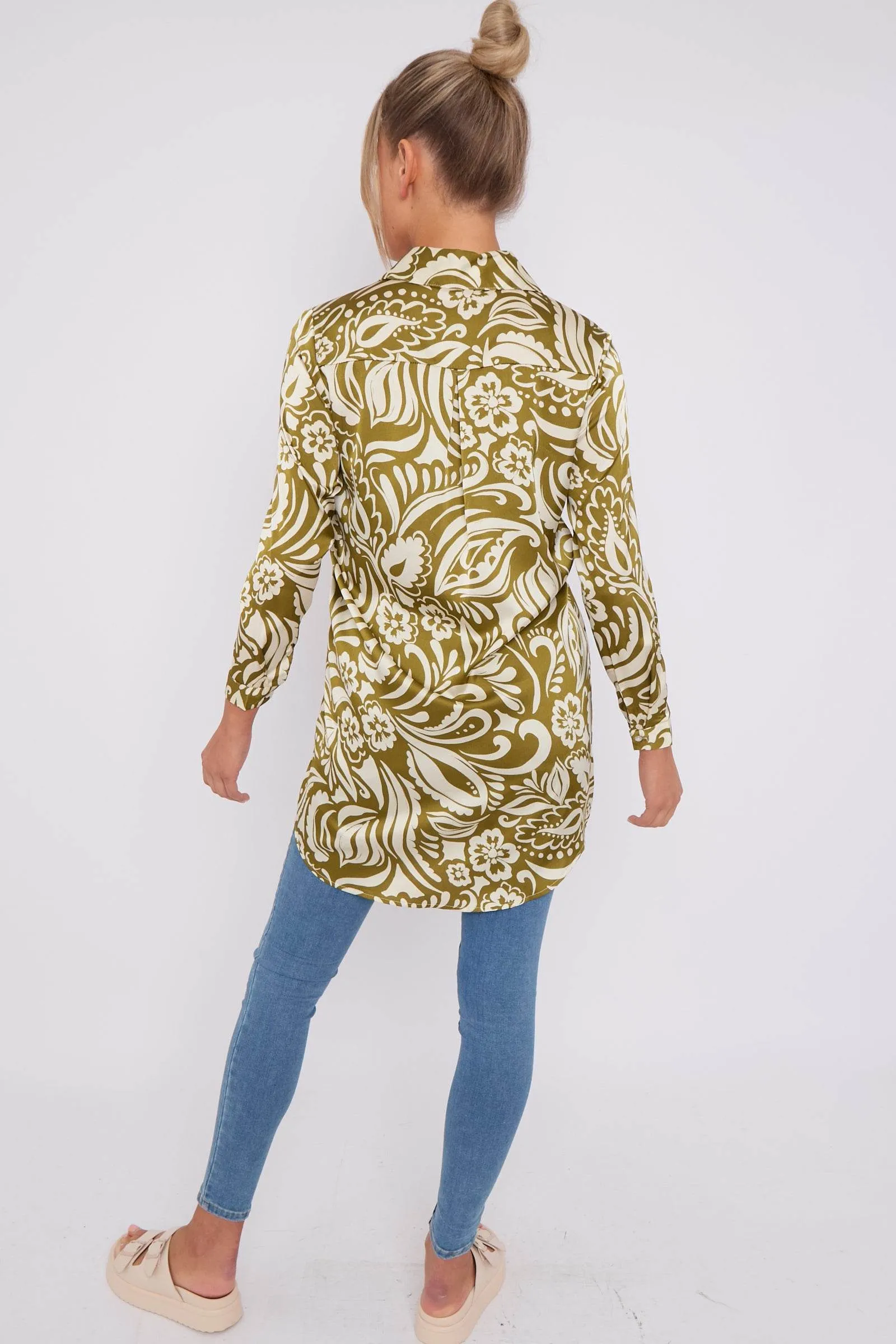 LOVE SUNSHINE Olive Green Paisley Print Satin Long Shirt