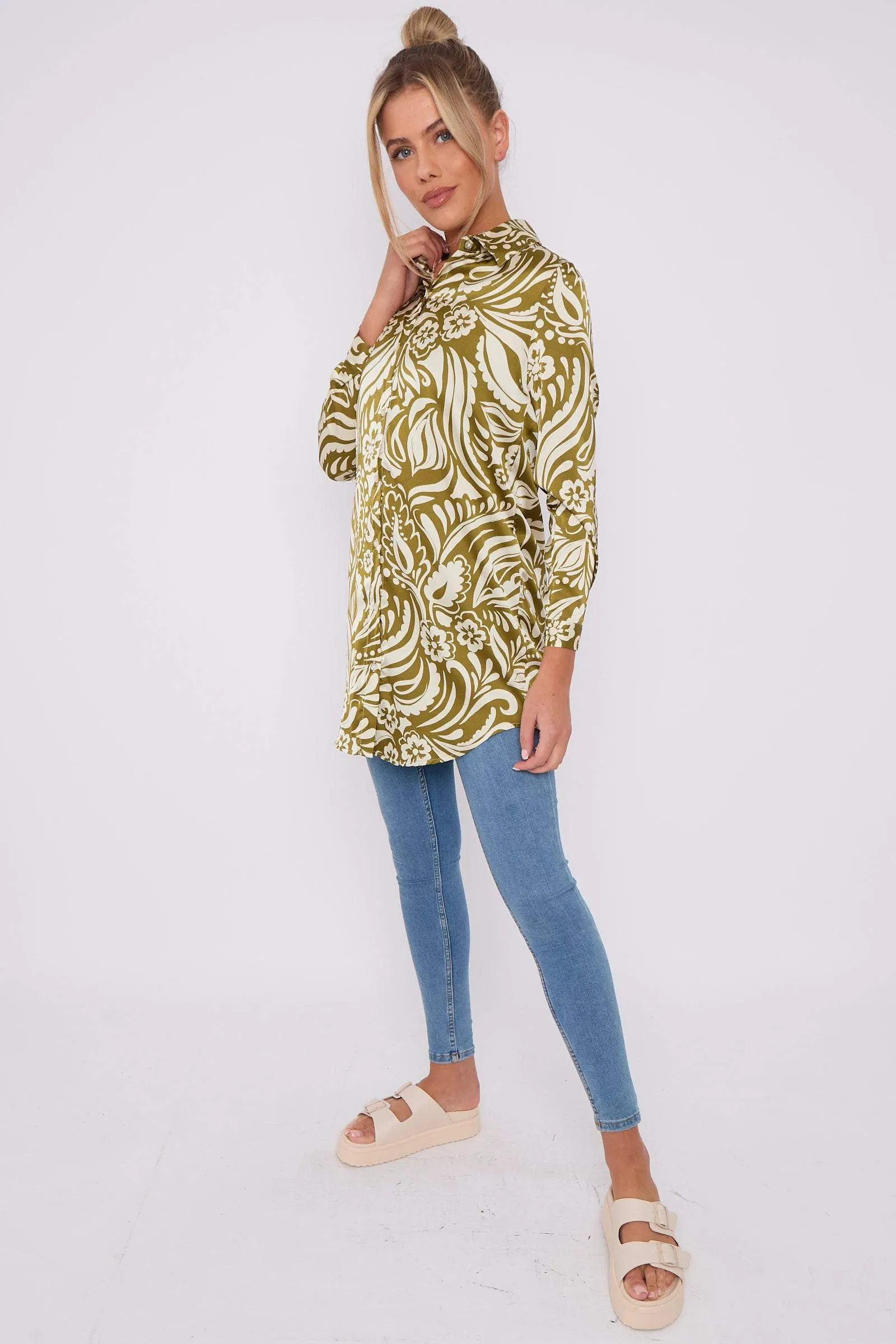 LOVE SUNSHINE Olive Green Paisley Print Satin Long Shirt