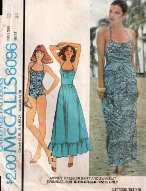 McCall's 6096 Womens Stretch Knit Swimsuit & Ruffled Maxi Dress or Skirt 1970s Vintage Sewing Pattern Size 12 Bust 34 inches