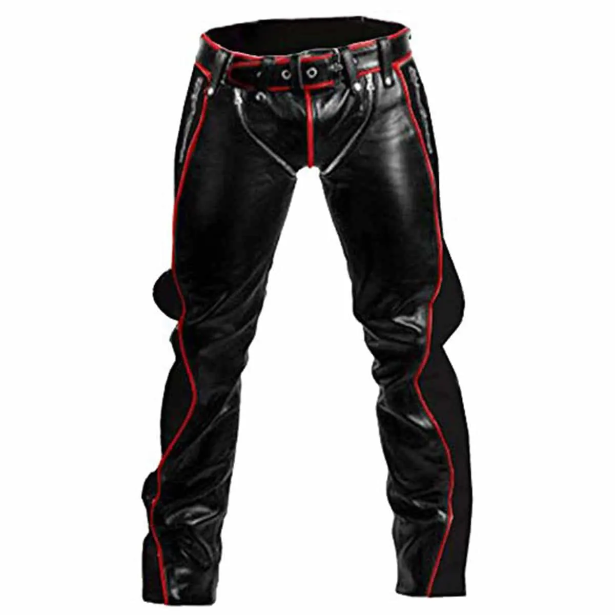 Men Black Leather with Red Piping Pants Heavy Duty Bondage Jeans - R2-RP