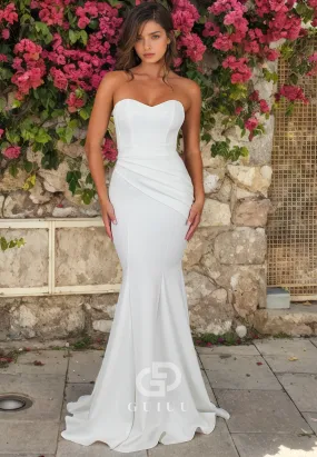 Mermaid Strapless Sleeveless Pleated Satin Wedding Dress