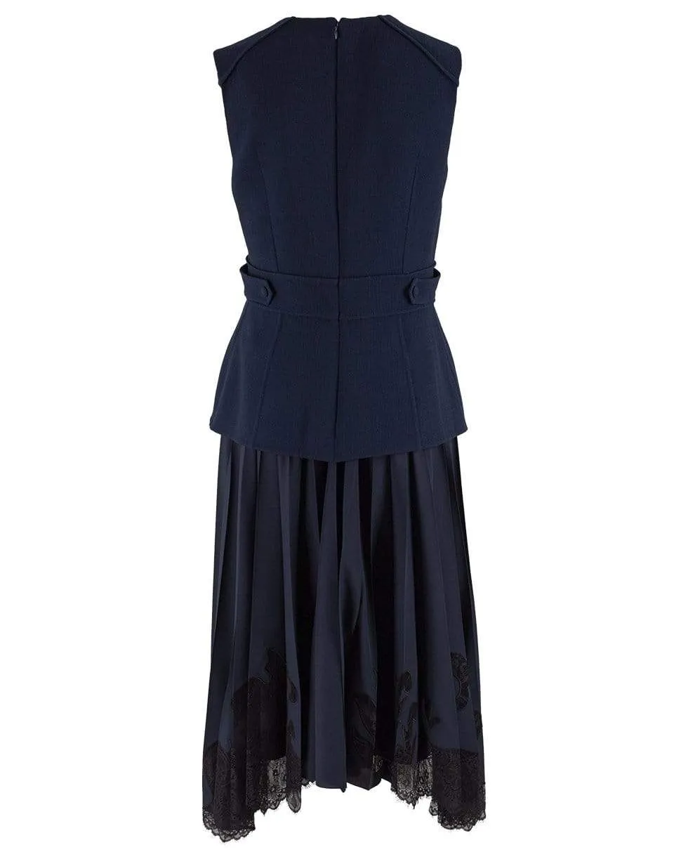 Navy Fitted Top and Silk Lace Insert Skirt Dress