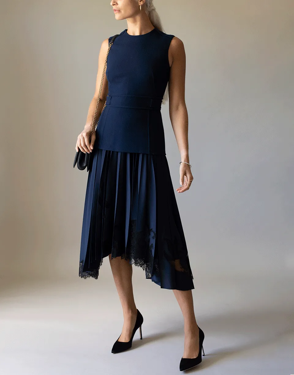 Navy Fitted Top and Silk Lace Insert Skirt Dress