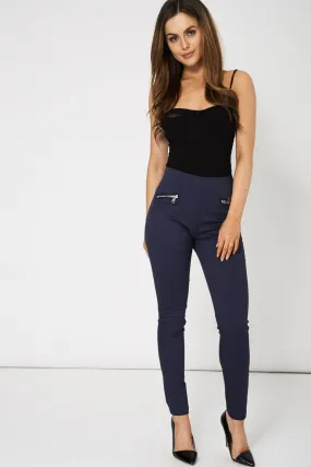 Navy Skinny Trousers With Zip Detail