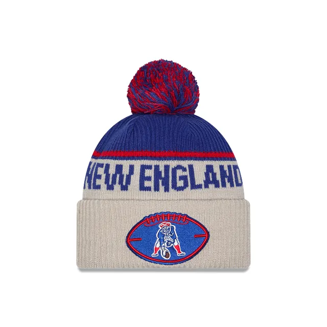 New England Patriots NFL New Era Men's Blue Beige 2024 Sideline Historic Sport Knit Pom Hat