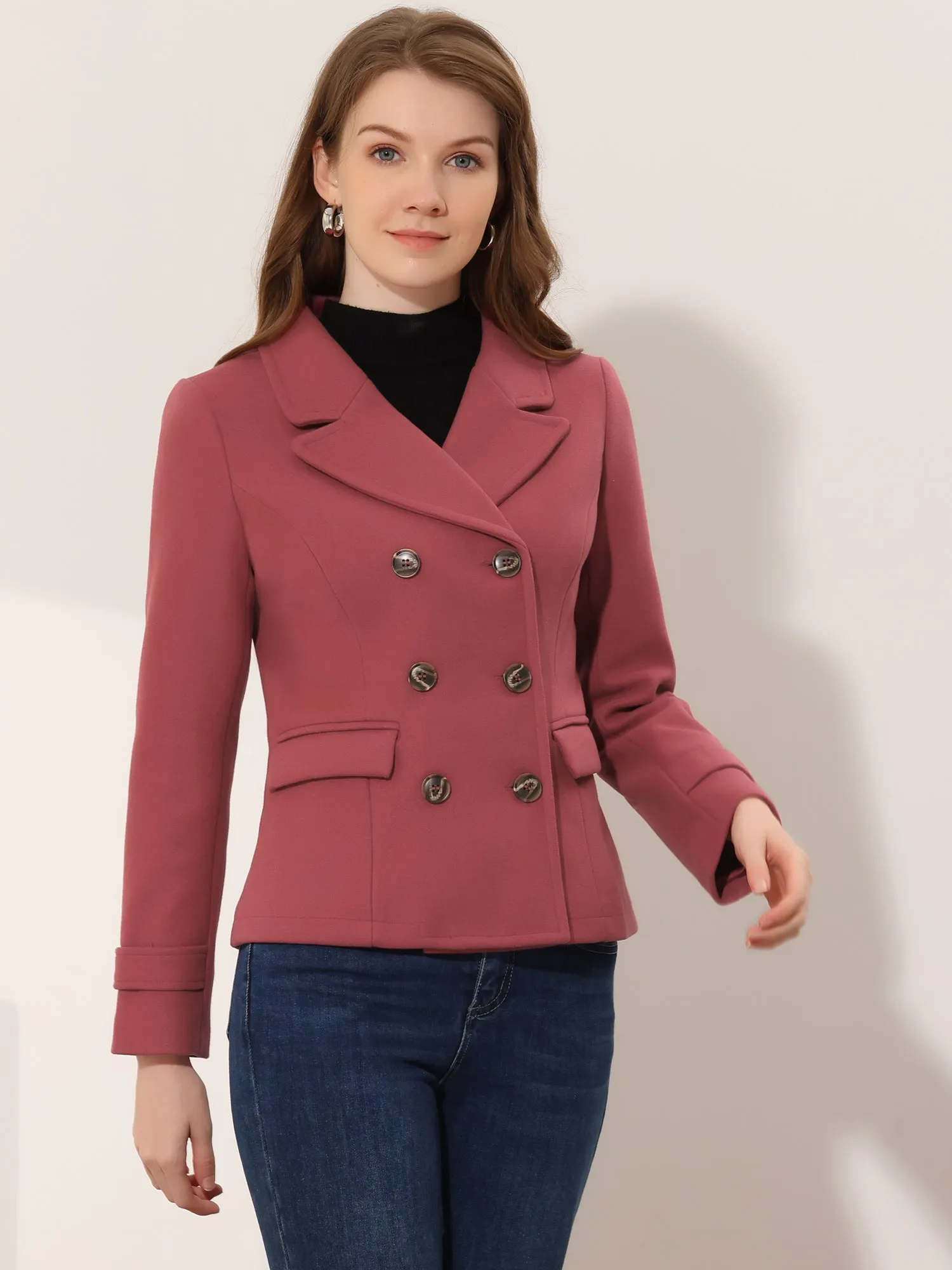 Notched Lapel Double Breasted Short Winter Pea Coat