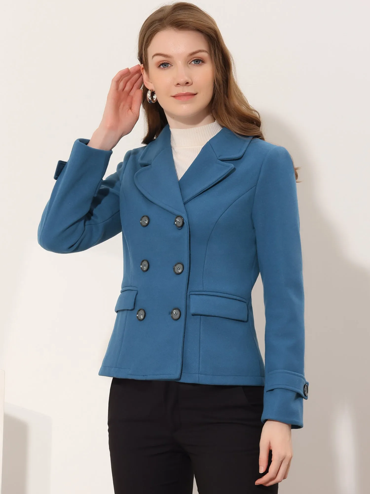 Notched Lapel Double Breasted Short Winter Pea Coat