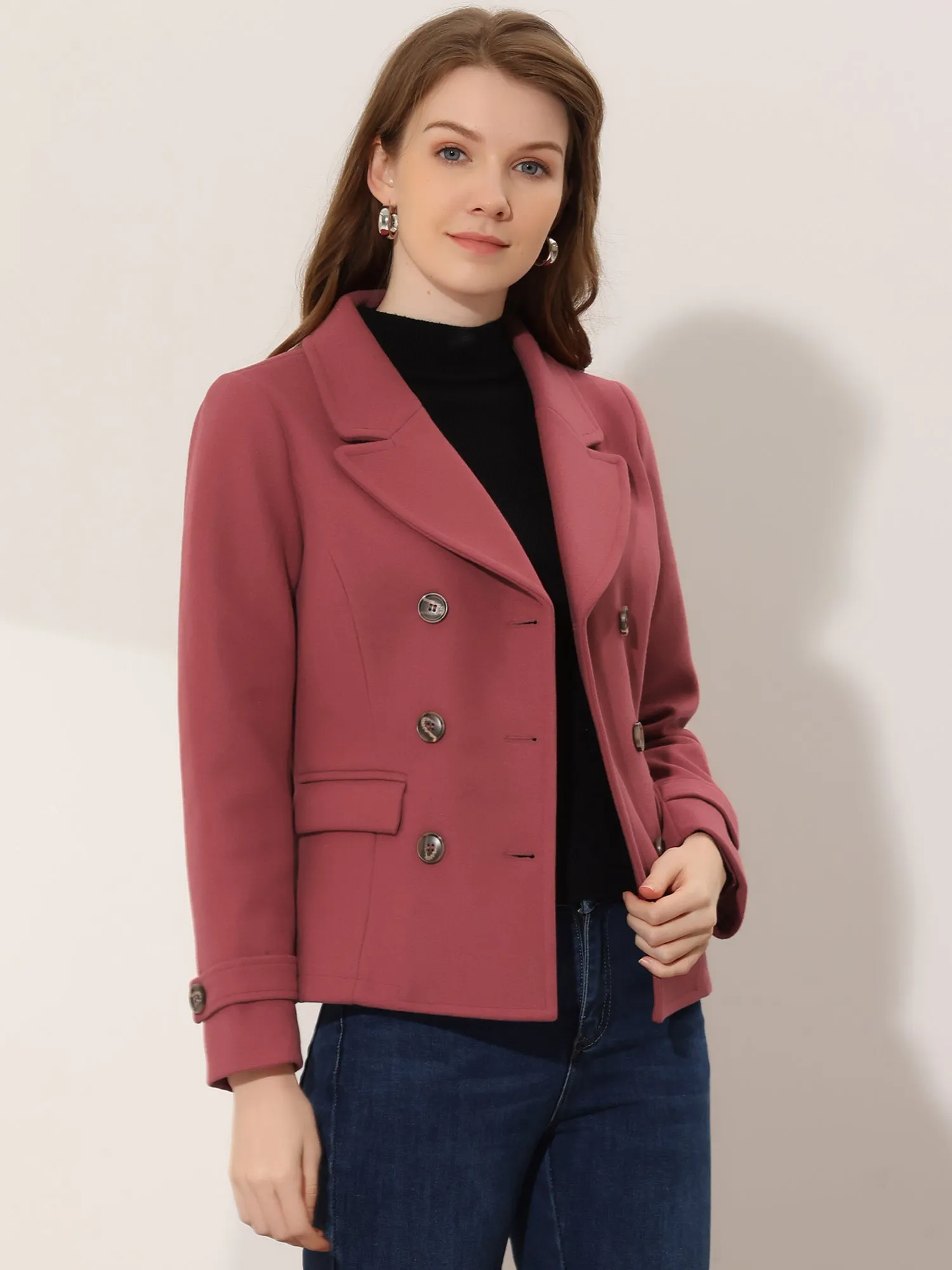 Notched Lapel Double Breasted Short Winter Pea Coat