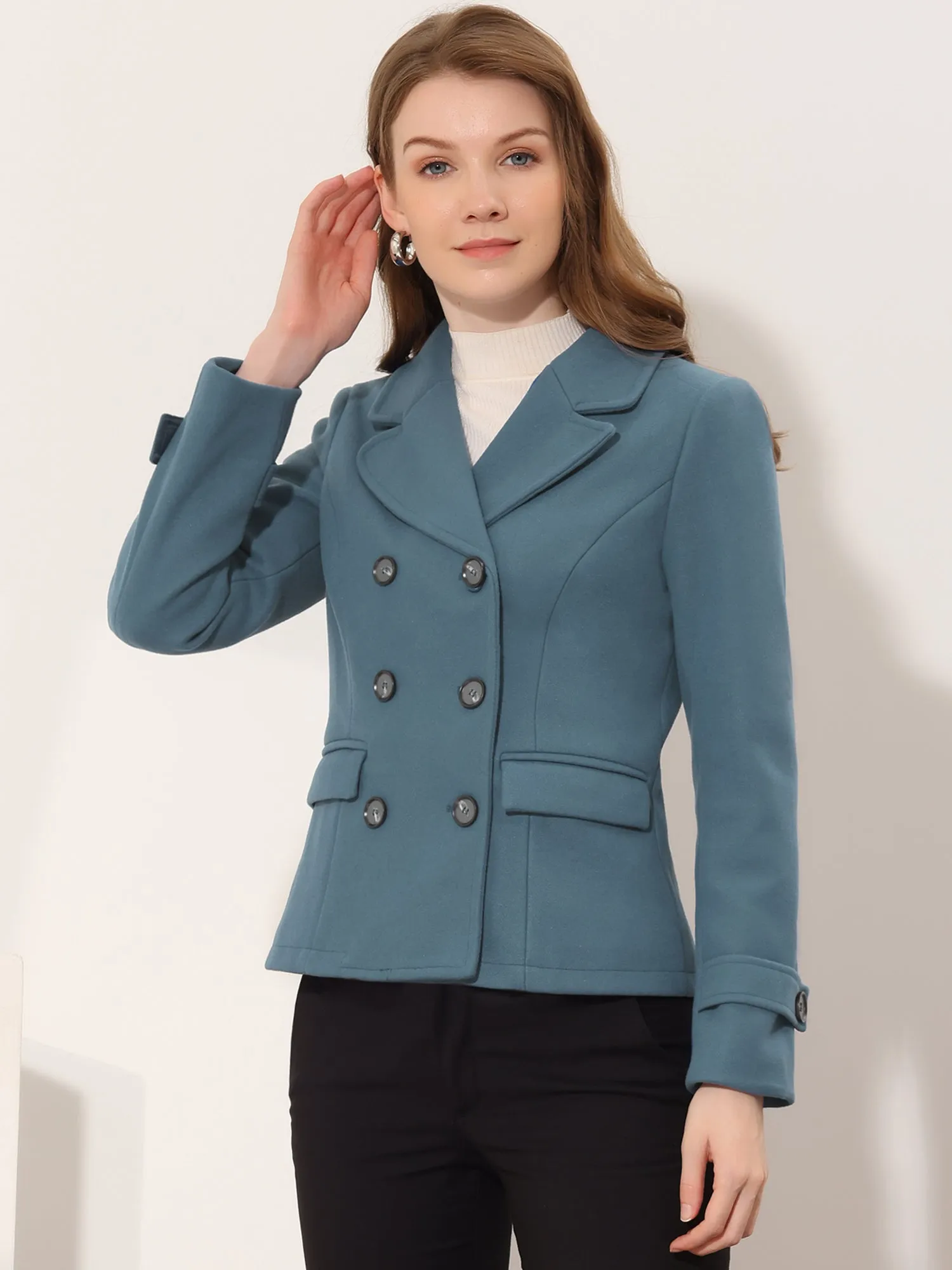 Notched Lapel Double Breasted Short Winter Pea Coat