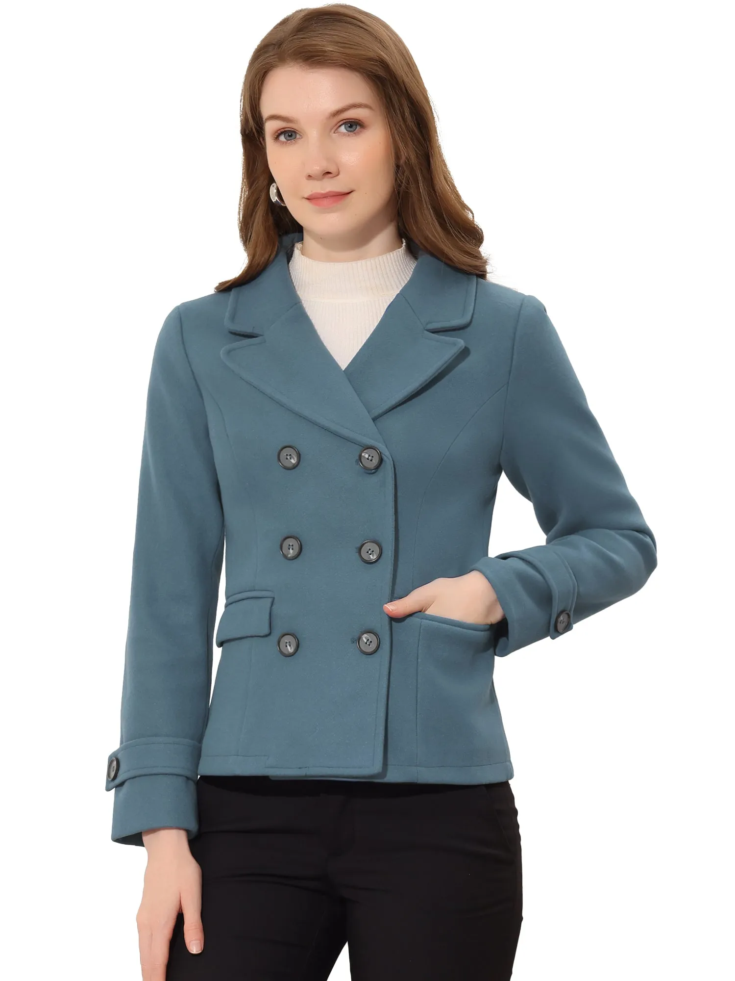 Notched Lapel Double Breasted Short Winter Pea Coat