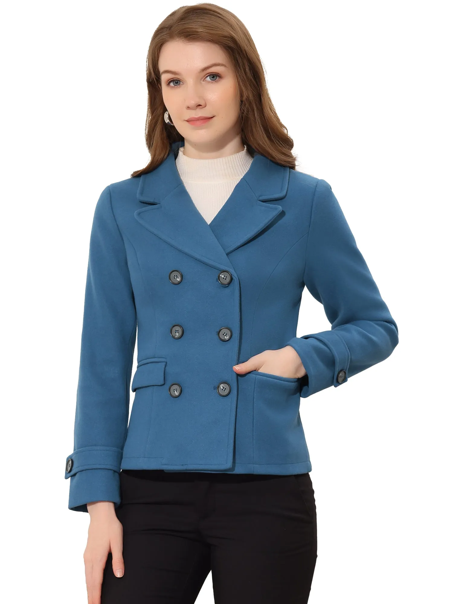 Notched Lapel Double Breasted Short Winter Pea Coat