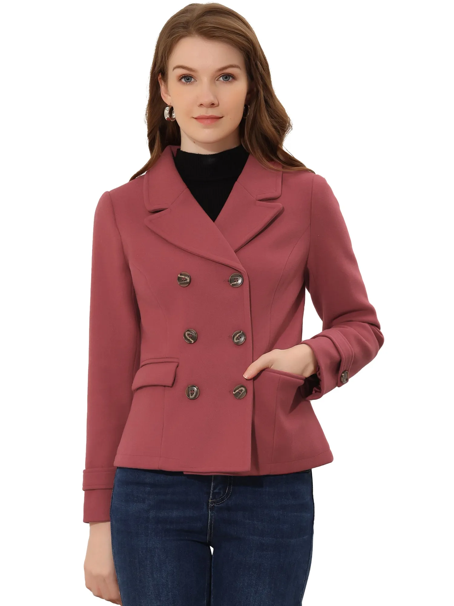 Notched Lapel Double Breasted Short Winter Pea Coat