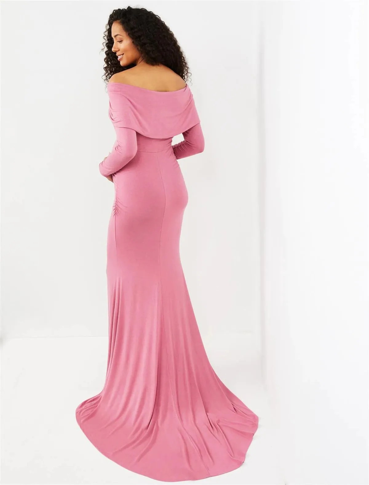 Off The Shoulder Maternity Maxi Dress in Pink