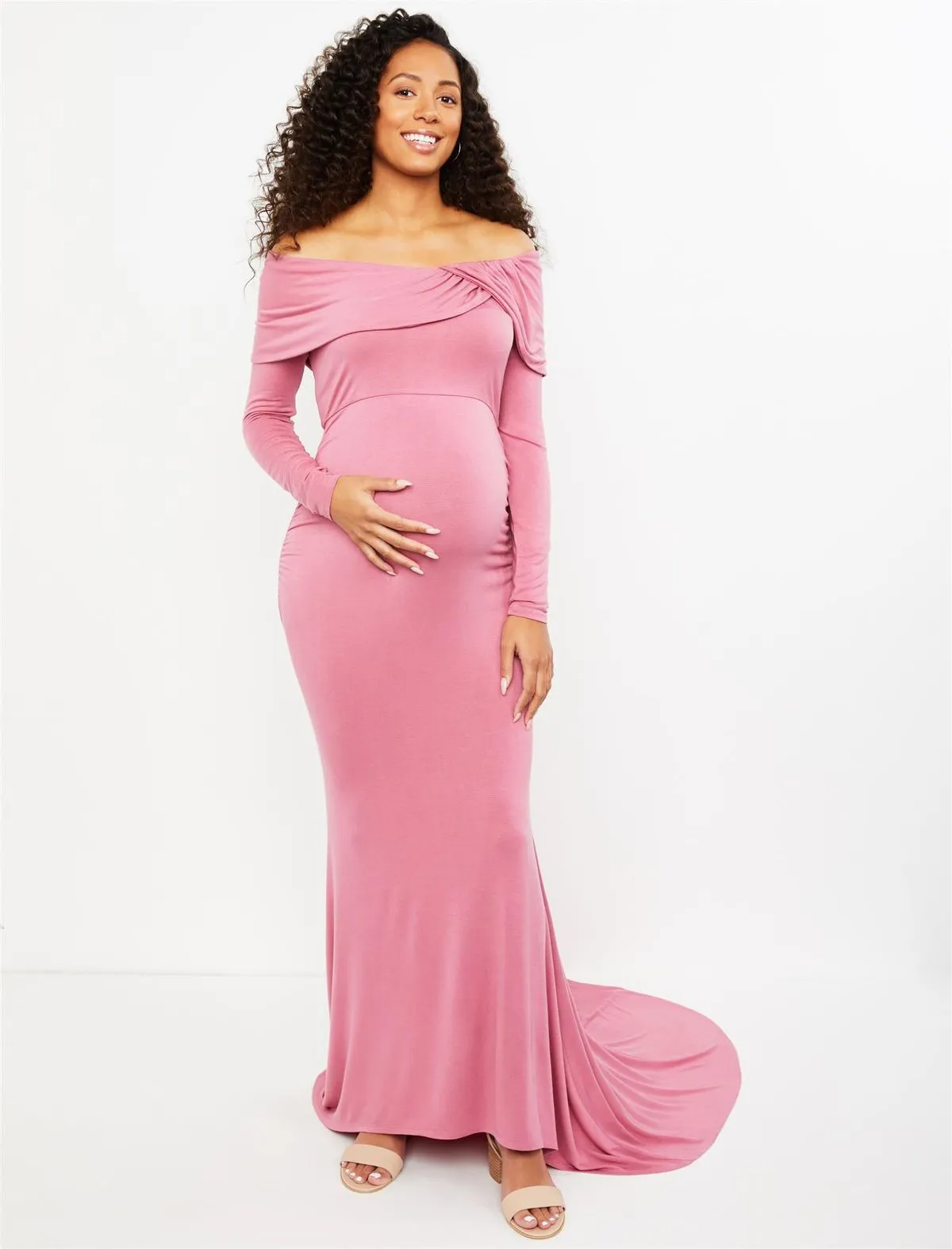 Off The Shoulder Maternity Maxi Dress in Pink