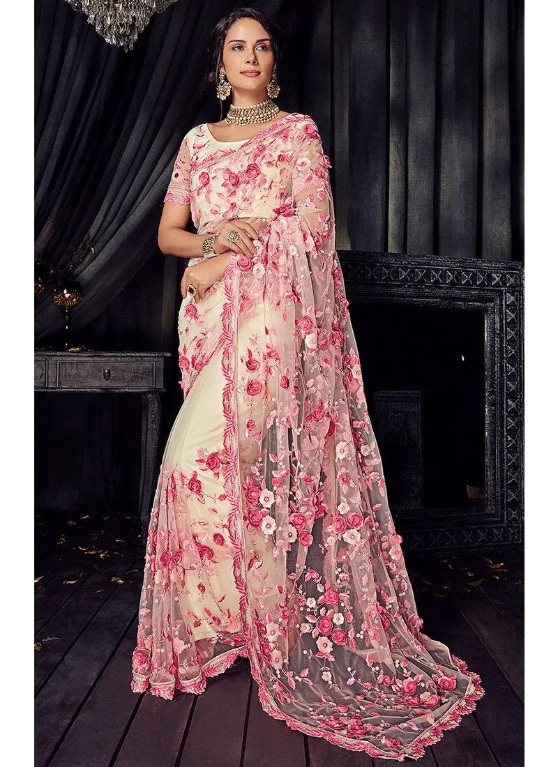 Off White And Pink Overall Floral Embroidered Designer Saree