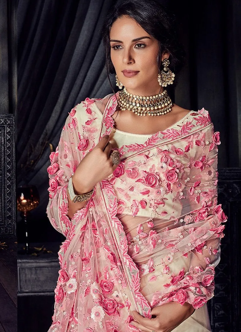 Off White And Pink Overall Floral Embroidered Designer Saree