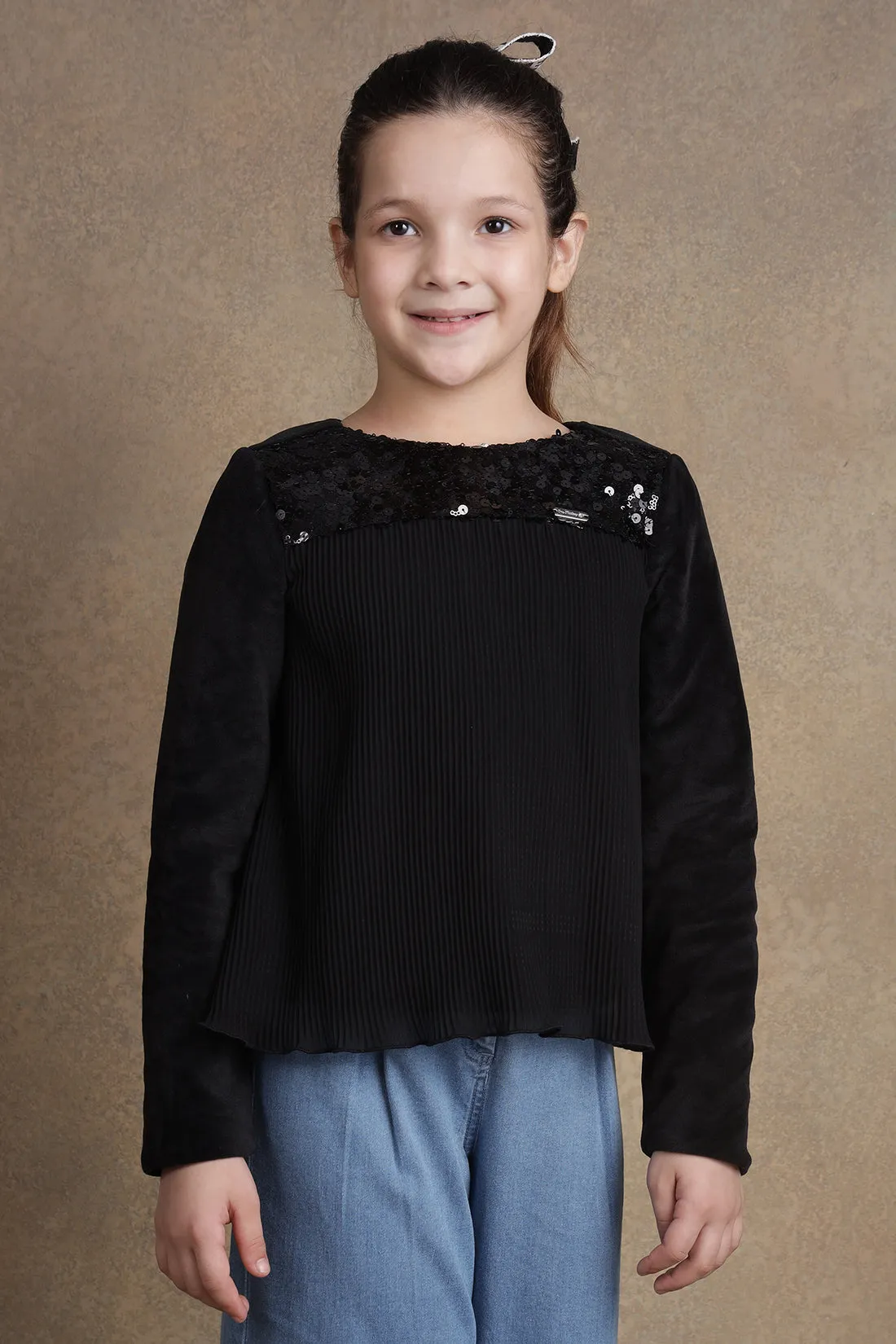 One Friday Kids Girls Jet Black Pleated Top