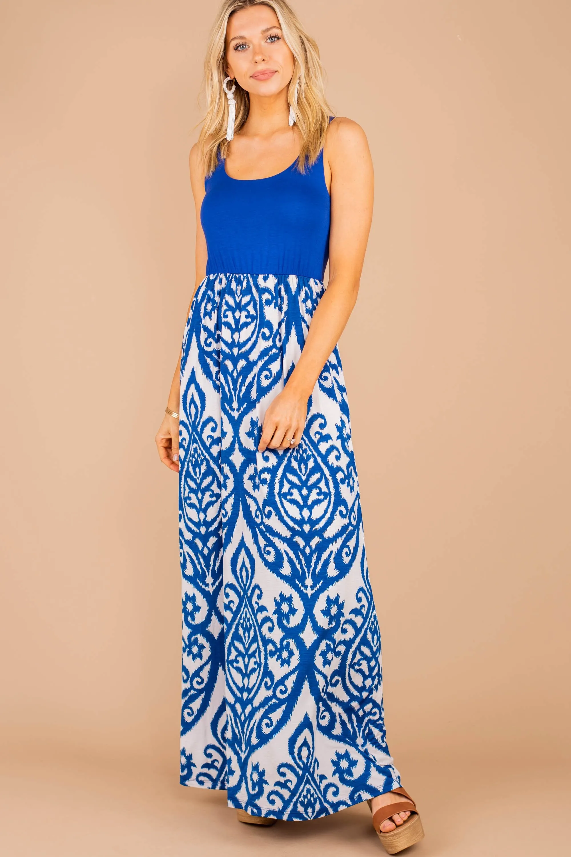 Passageway To Paradise Cobalt Blue Damask Maxi Dress