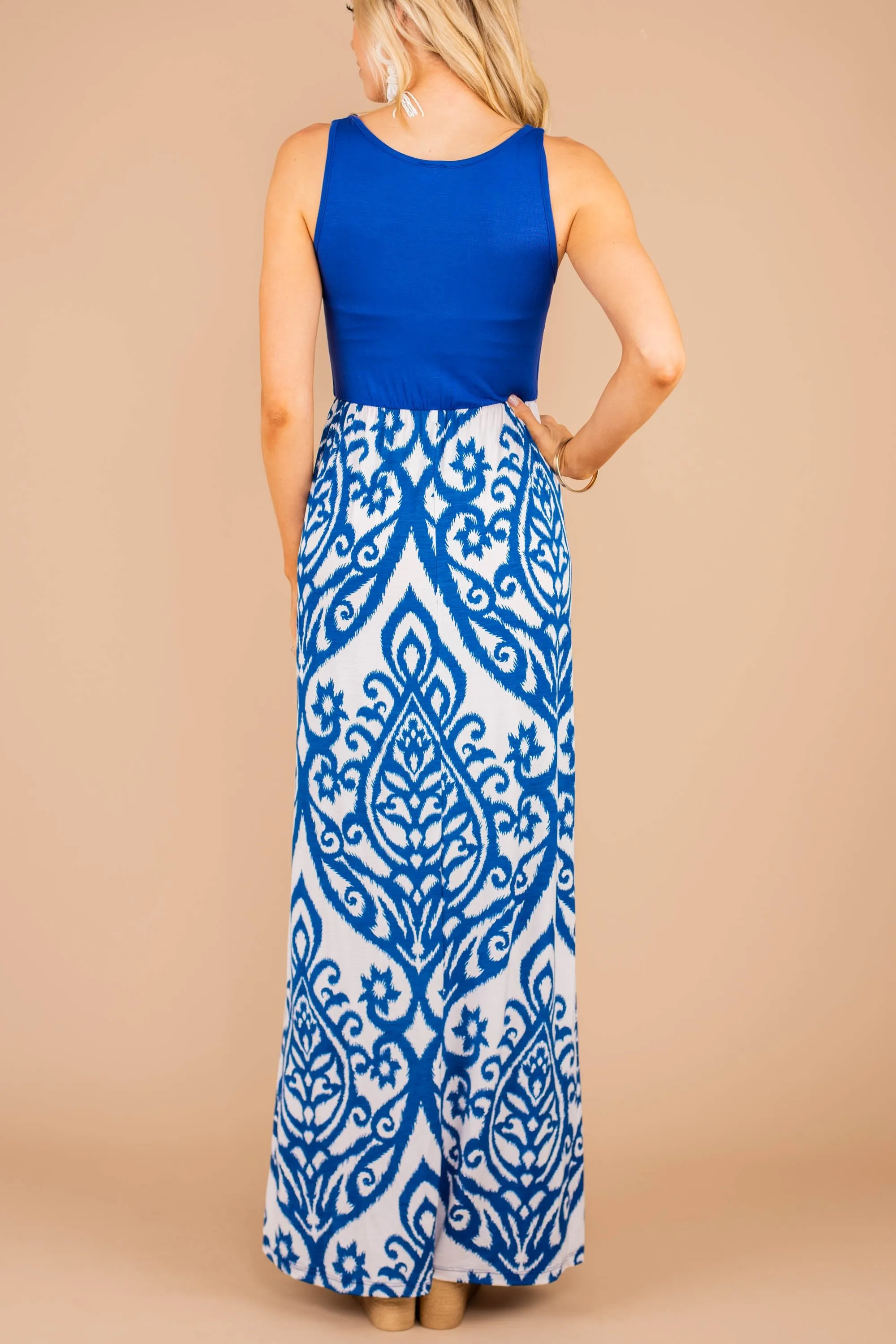 Passageway To Paradise Cobalt Blue Damask Maxi Dress