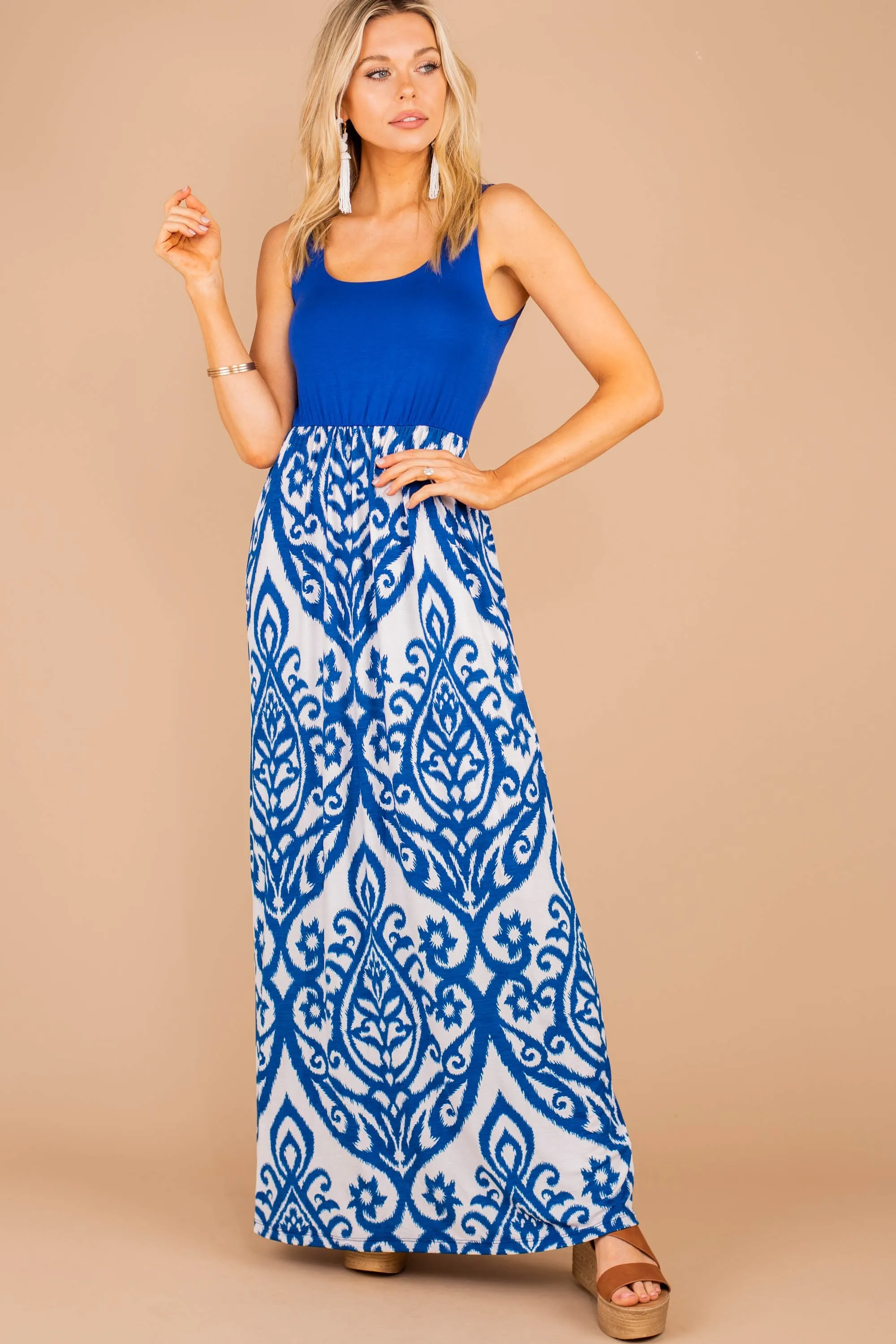 Passageway To Paradise Cobalt Blue Damask Maxi Dress