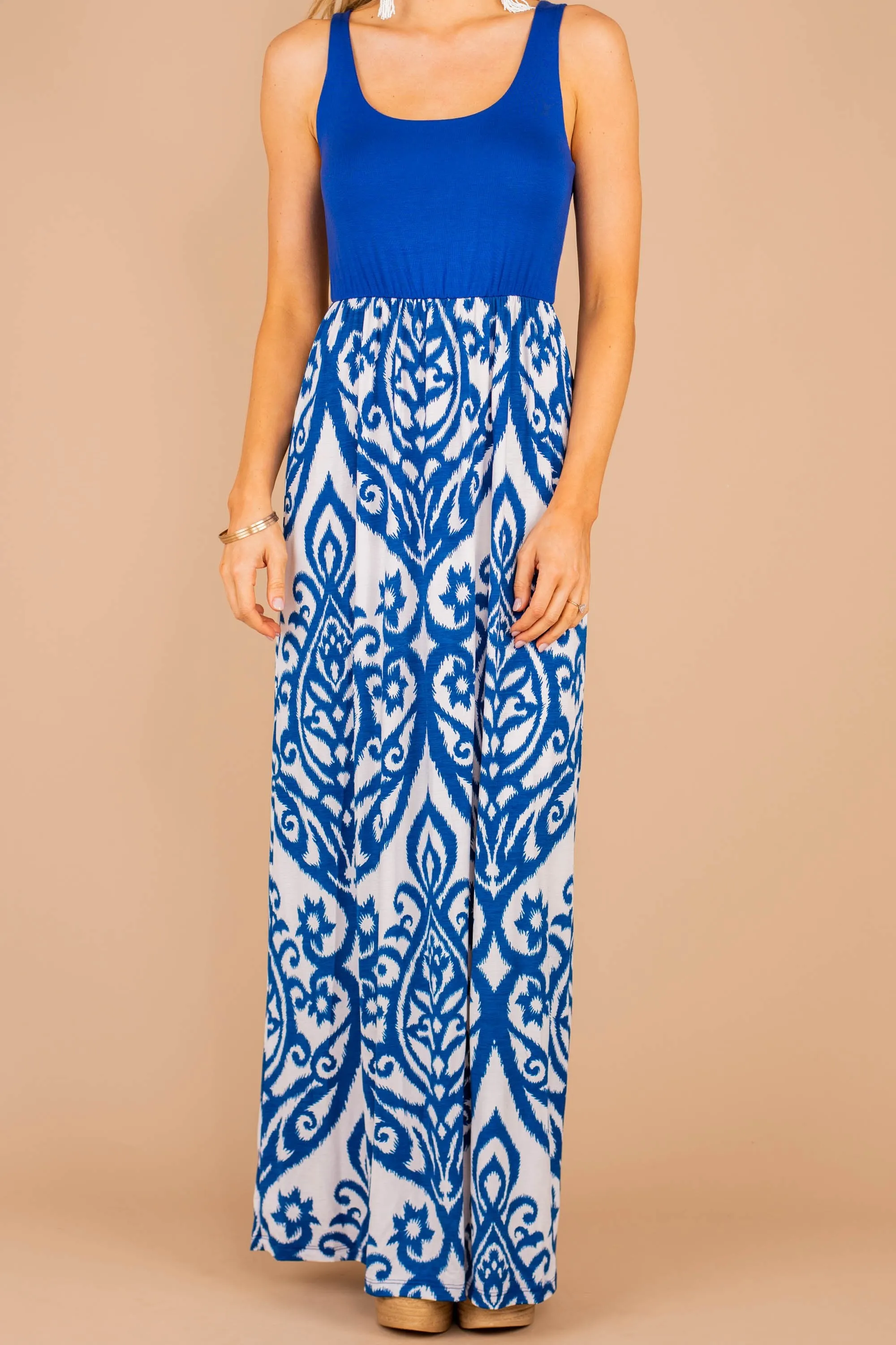 Passageway To Paradise Cobalt Blue Damask Maxi Dress