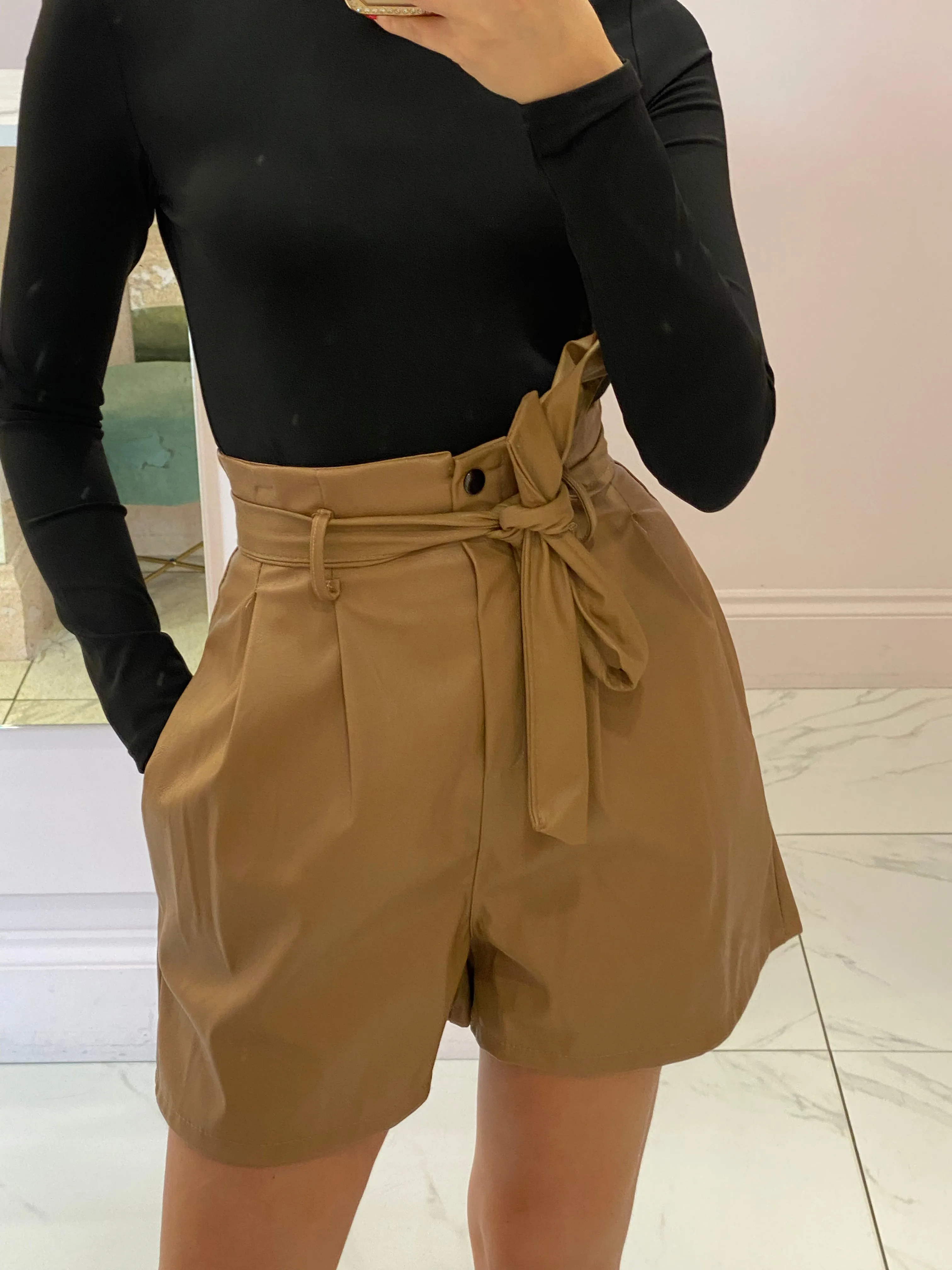 Patricia Camel Faux Leather High Waist Shorts