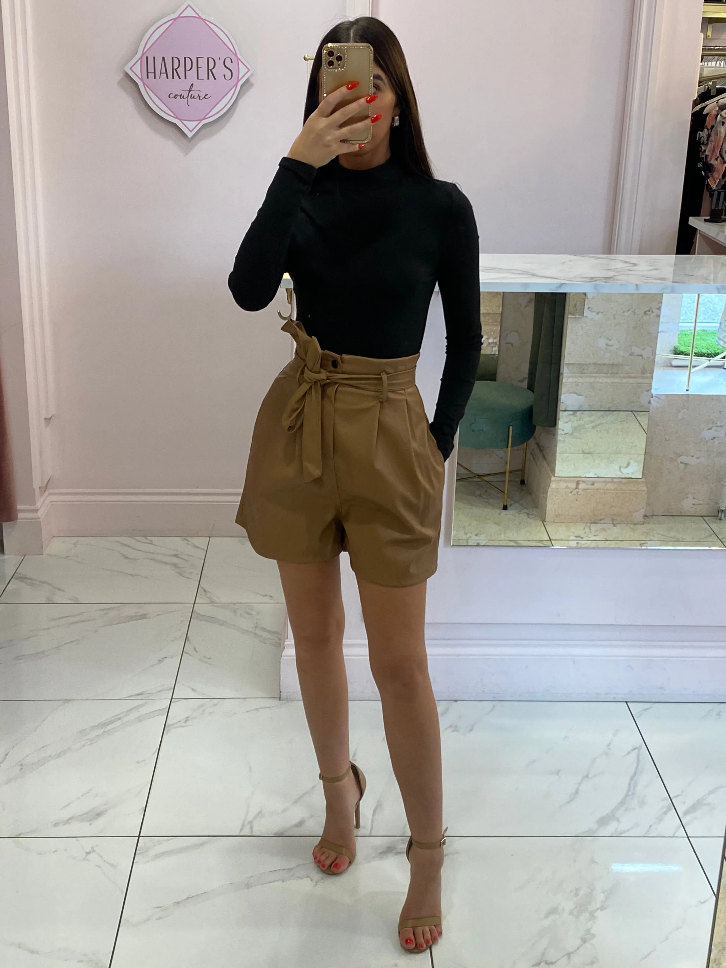 Patricia Camel Faux Leather High Waist Shorts