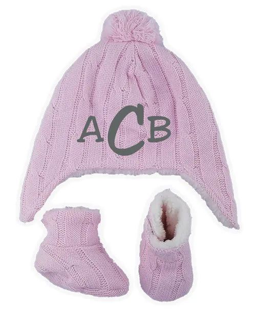 Personalized Cable Knit Hat & Bootie Set - Pink