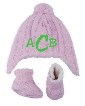 Personalized Cable Knit Hat & Bootie Set - Pink