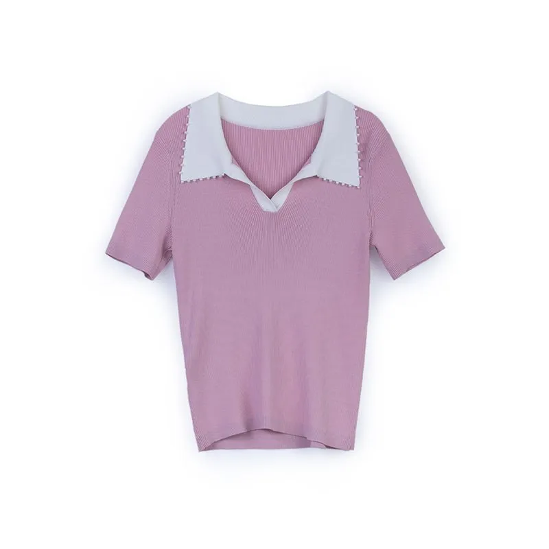 Pink Knitted Short Sleeve T-shirt