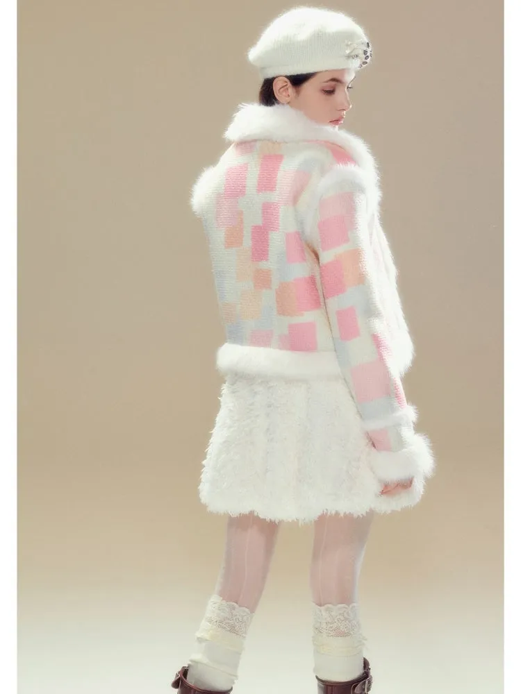 Plaid Stitch Fur Jacket & Pleated Mini Skirt【s0000004360】