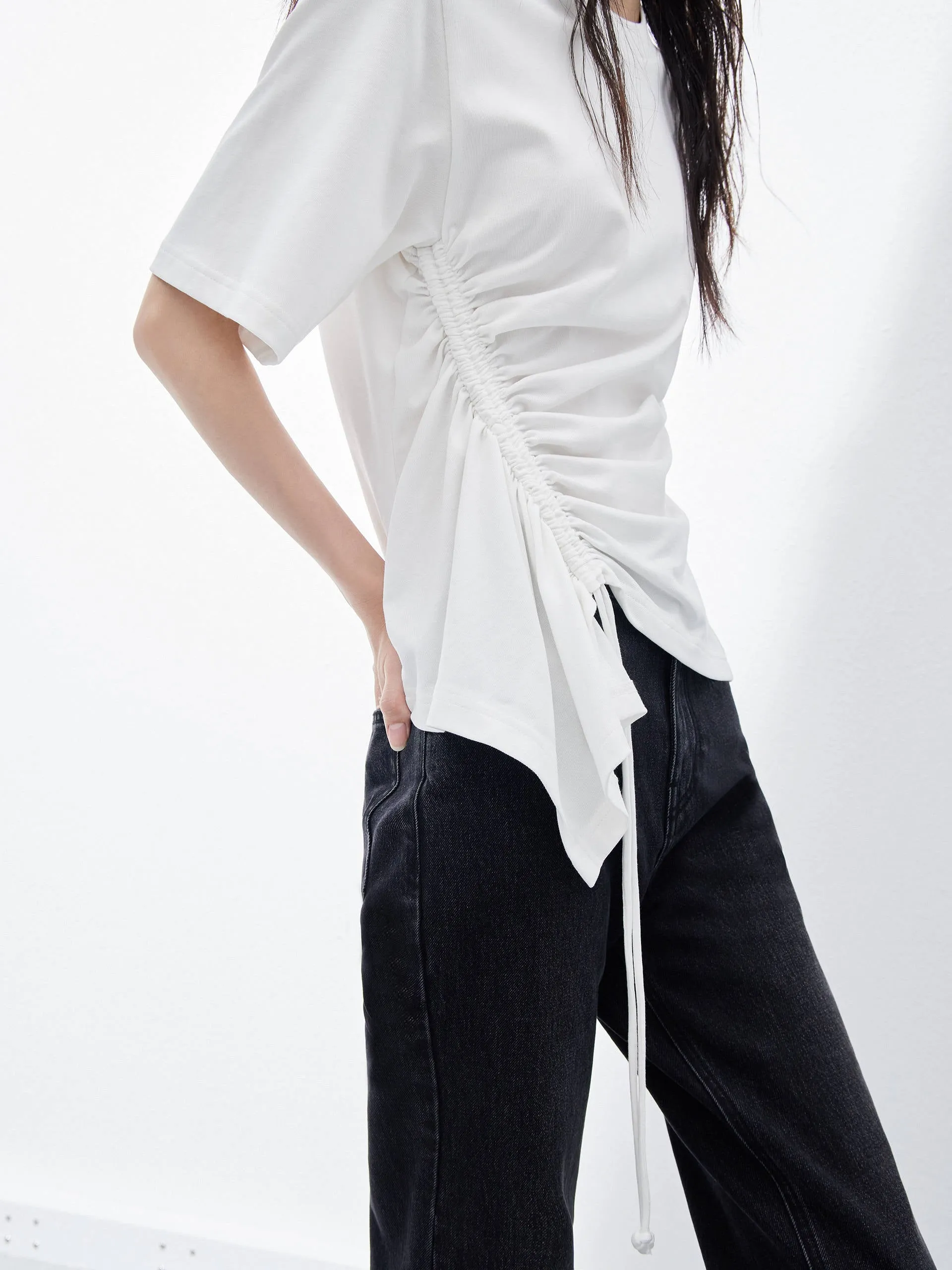 Pleated Cotton T-shirt with Drawstring