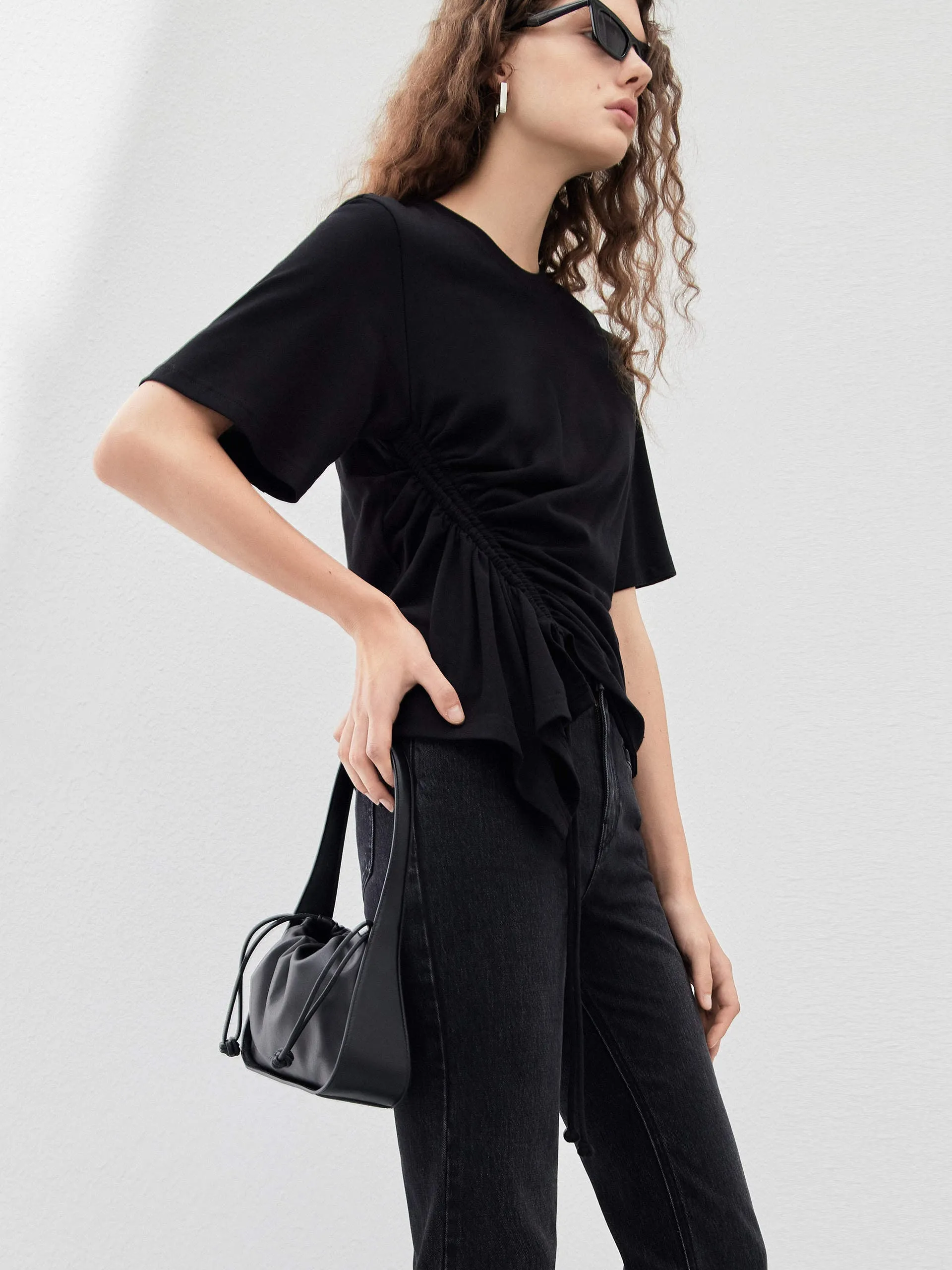 Pleated Cotton T-shirt with Drawstring