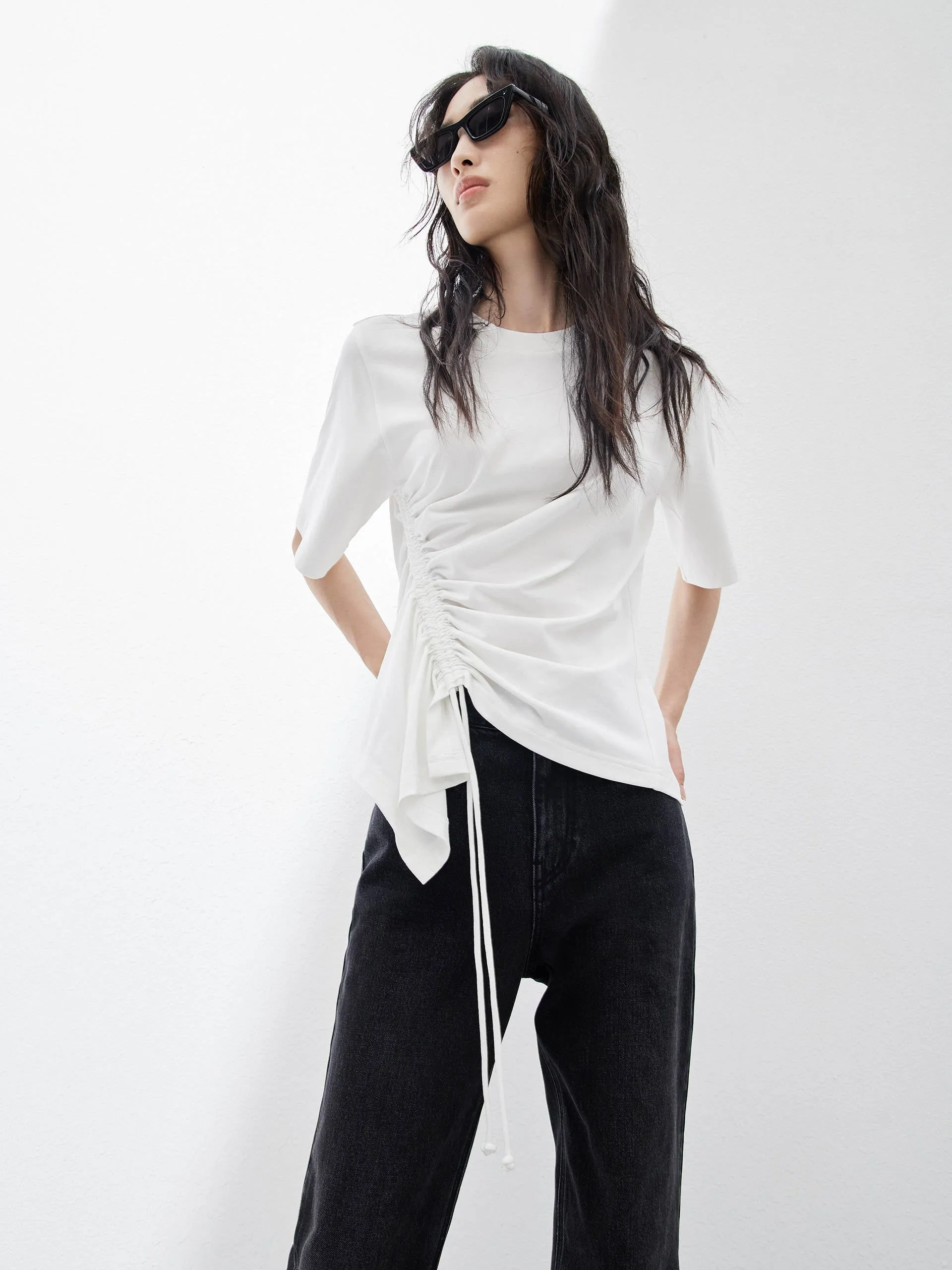 Pleated Cotton T-shirt with Drawstring