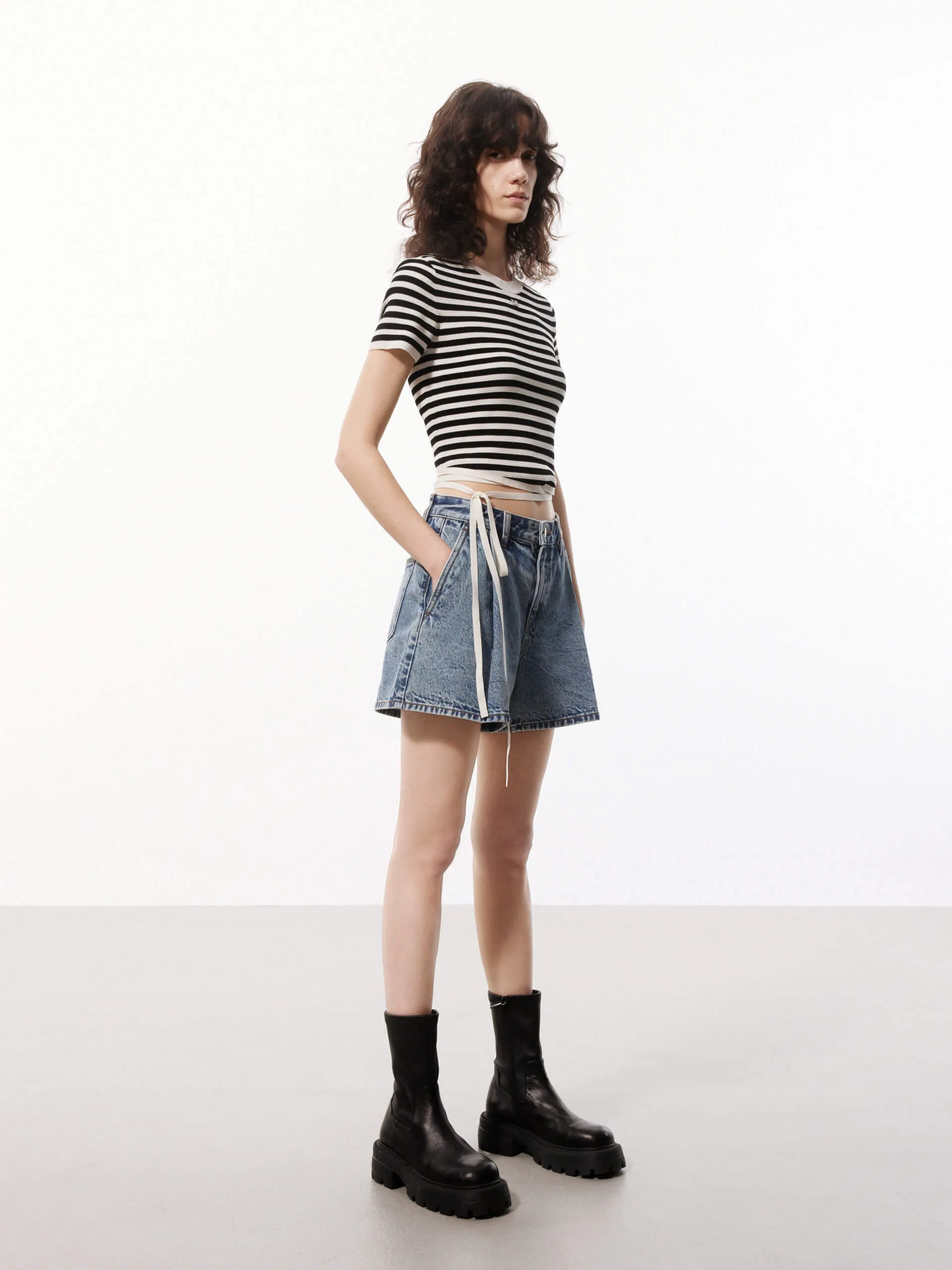 Pleated Detail Denim Shorts