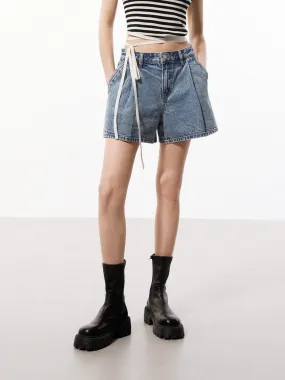 Pleated Detail Denim Shorts