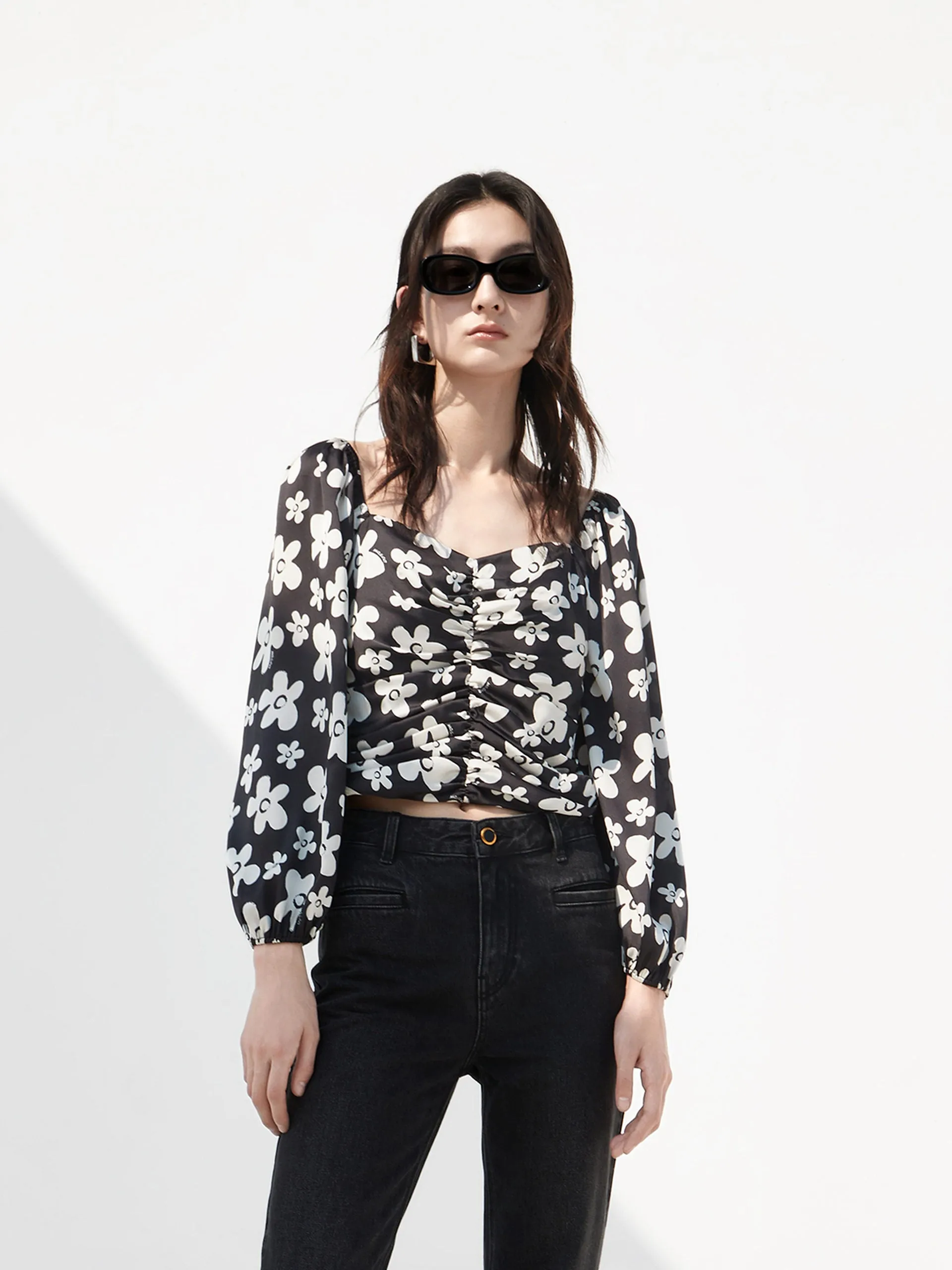 Pleated Floral Print Top