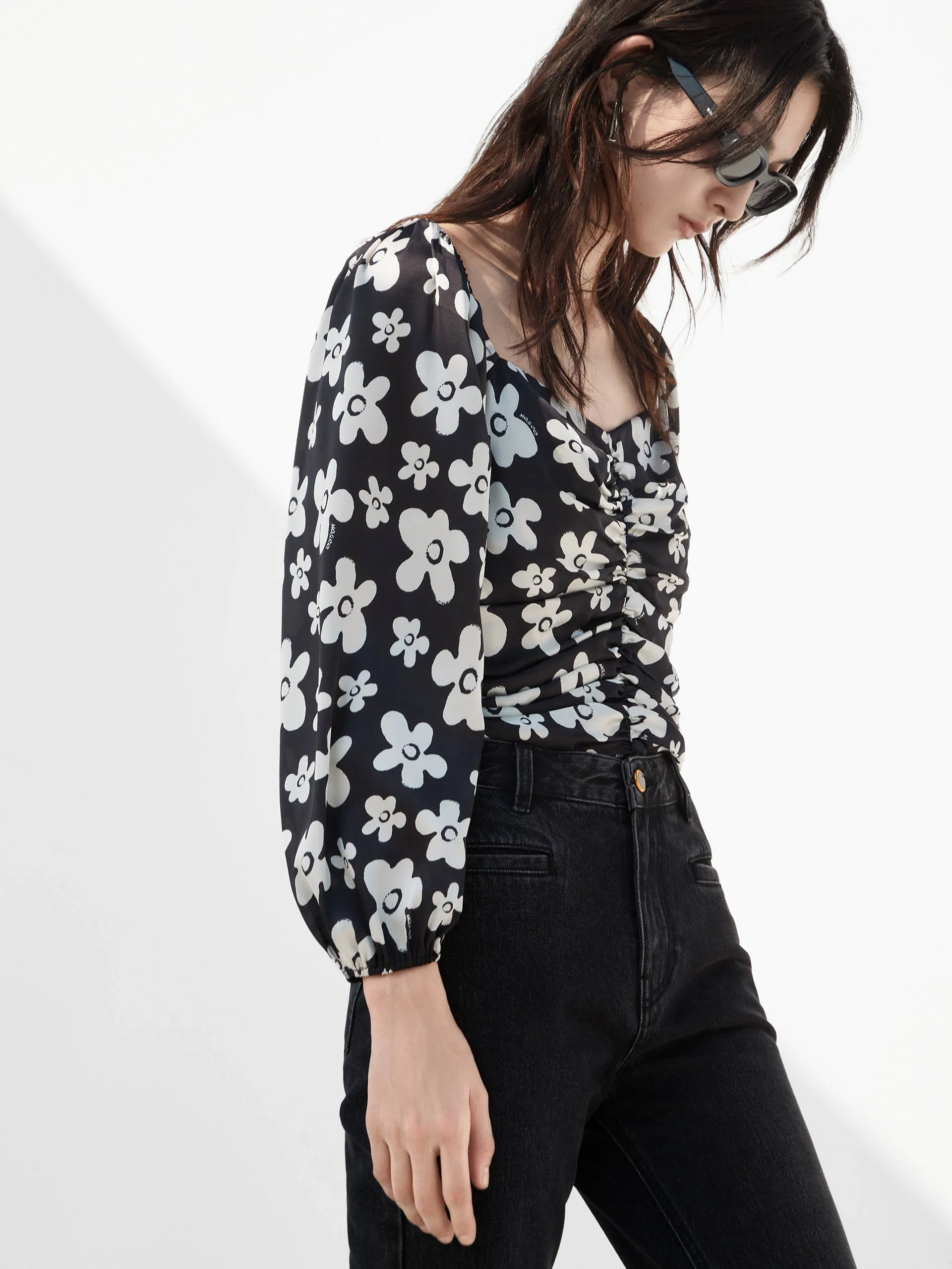 Pleated Floral Print Top