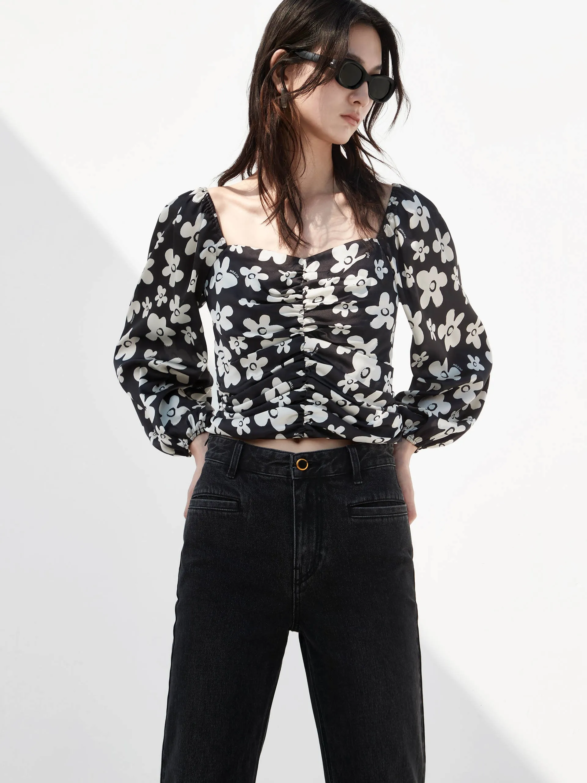 Pleated Floral Print Top