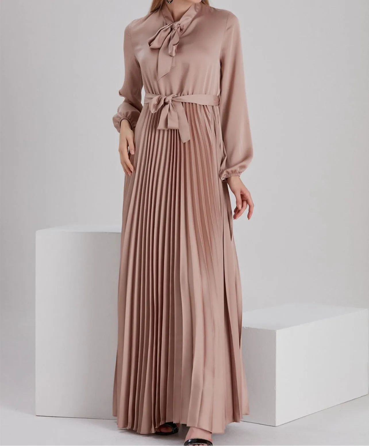 Pleated Satin Dress - Bronze