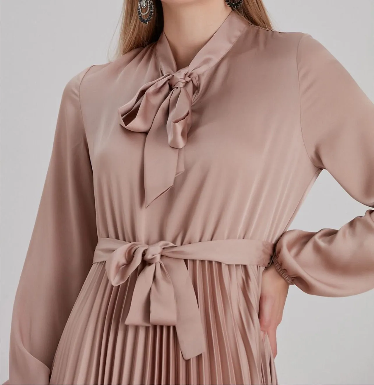 Pleated Satin Dress - Bronze