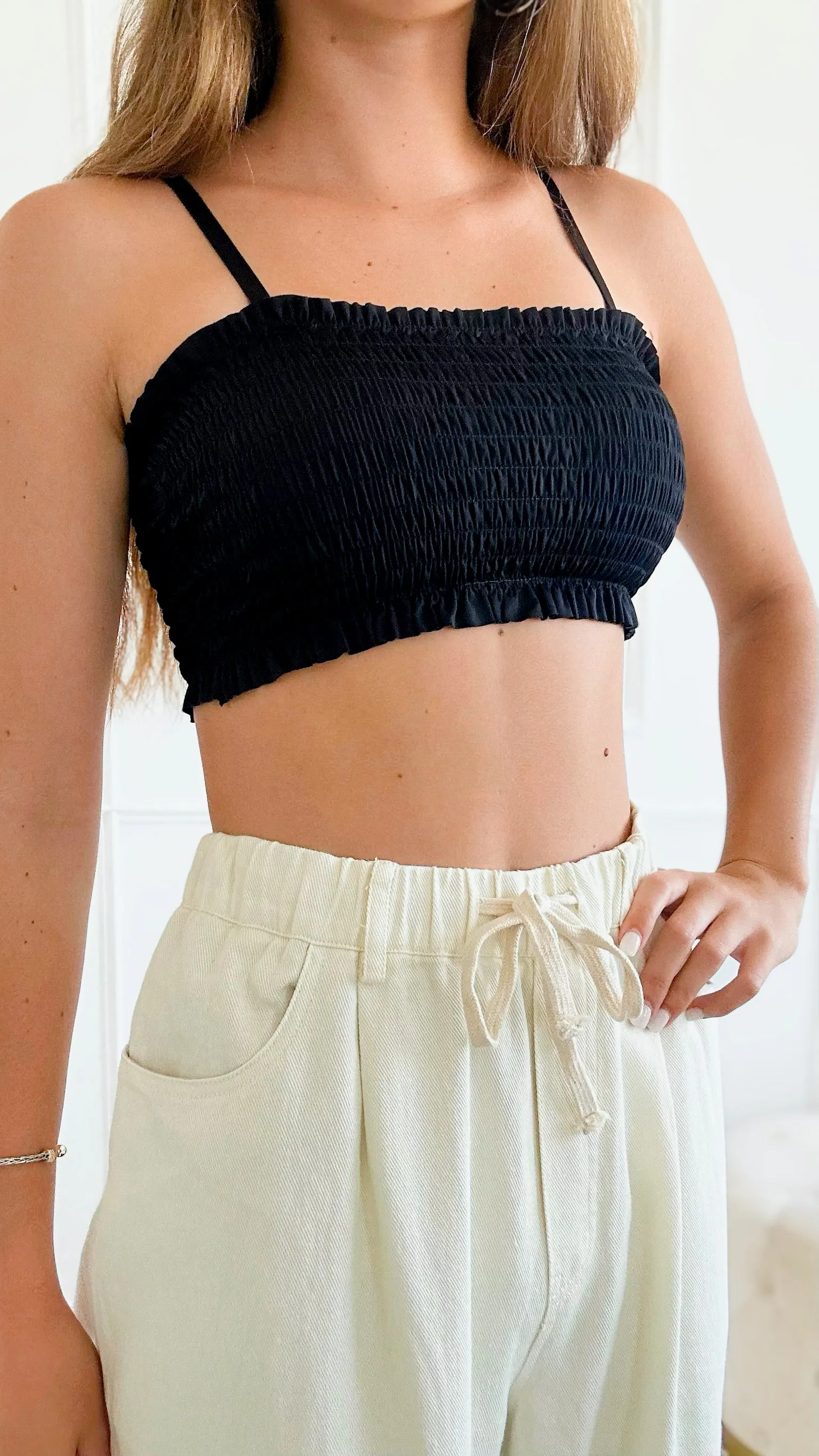 Pleated Spaghetti Strap Tube Top - Black