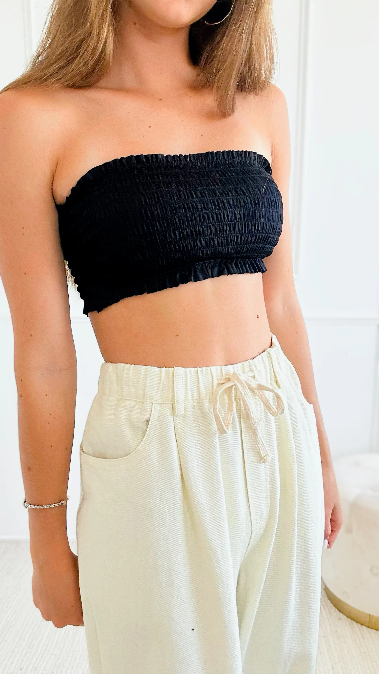 Pleated Spaghetti Strap Tube Top - Black