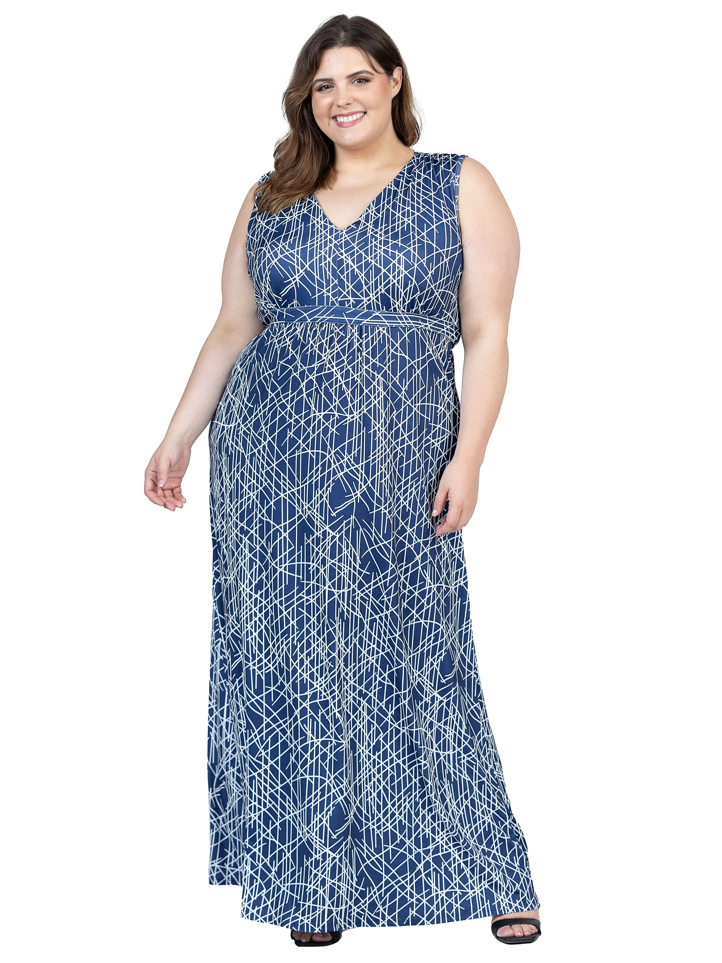 Plus Size Navy Abstract  Print V Neck Empire Waist Sleeveless Maxi Dress