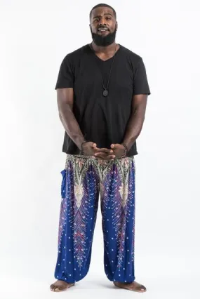 Plus Size Unisex Peacock Feathers Harem Pants in Blue