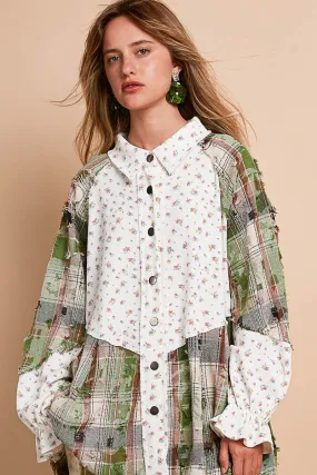 POL Floral and Plaid Print Button Down Top in Ivory Multi