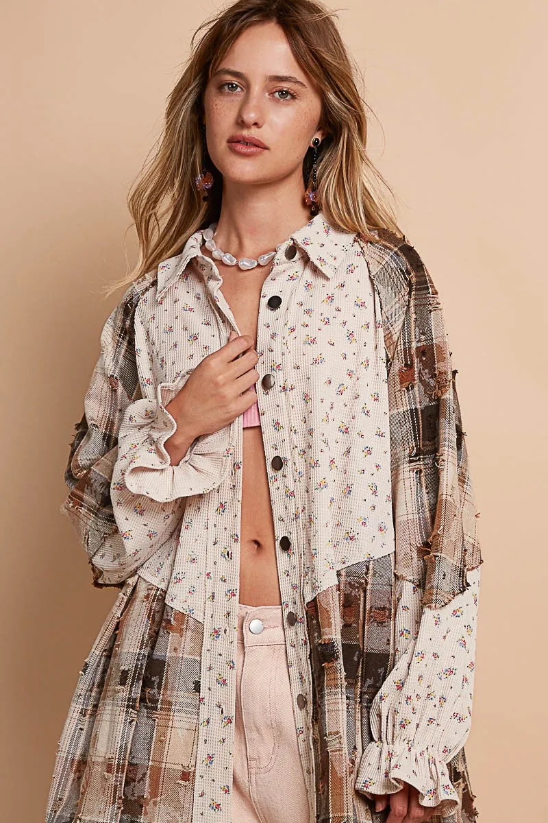 POL Floral and Plaid Print Button Down Top in Latte Multi